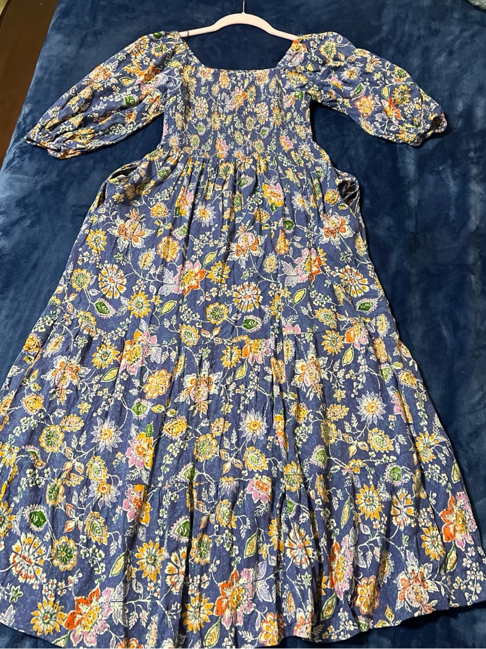 Angie Smocked Milkmaid, Puff-Sleeve Boho Floral Maxi Dress; Sz Small Multicolor - Picture 2 of 6
